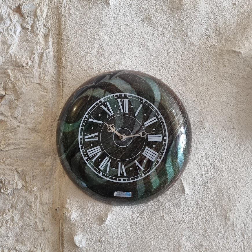 Vintage Wall Clock Design by Israeli Artist Andreas Mayer - Green and Black Fused Glass - Roman Numeral Quartz Clock - 30cm