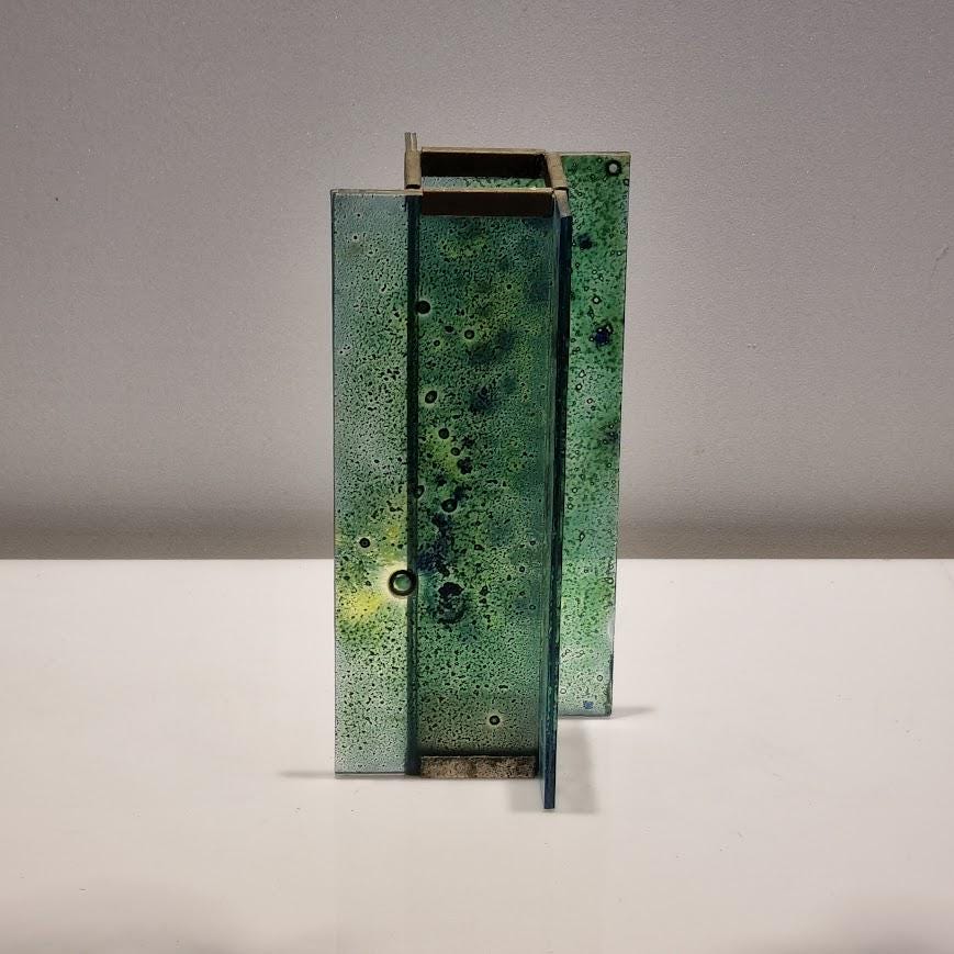 Fused Glass Vase by Andreas Mayer - Brass Fitting - FAT LAVA Style - 25cm - Israeli vintage Craftsmanship