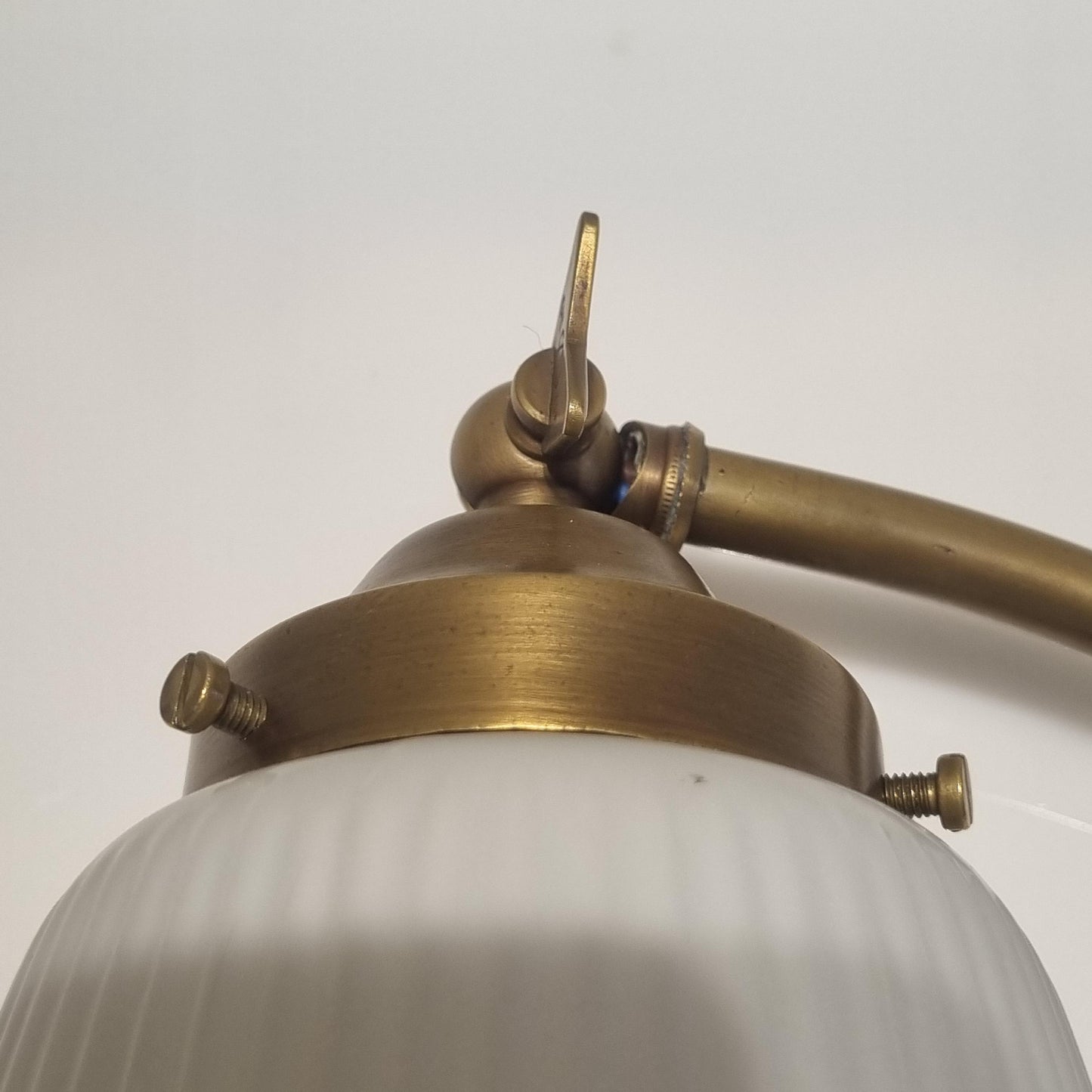 Vintage Brass Wall Lamp with White ripple Glass shade. Fully restored. Adjustable Lampshade