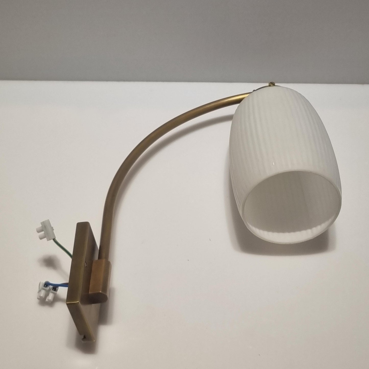 Vintage Brass Wall Lamp with White ripple Glass shade. Fully restored. Adjustable Lampshade