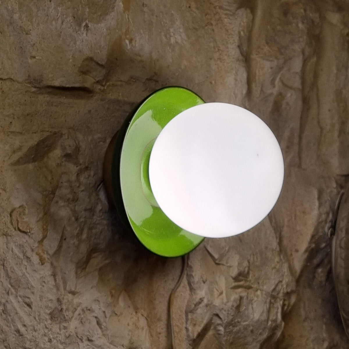 Handmade Wall Light – Frosted Glass Globe on Green Ceramic Plate, Brass Base AmielArtsStudio