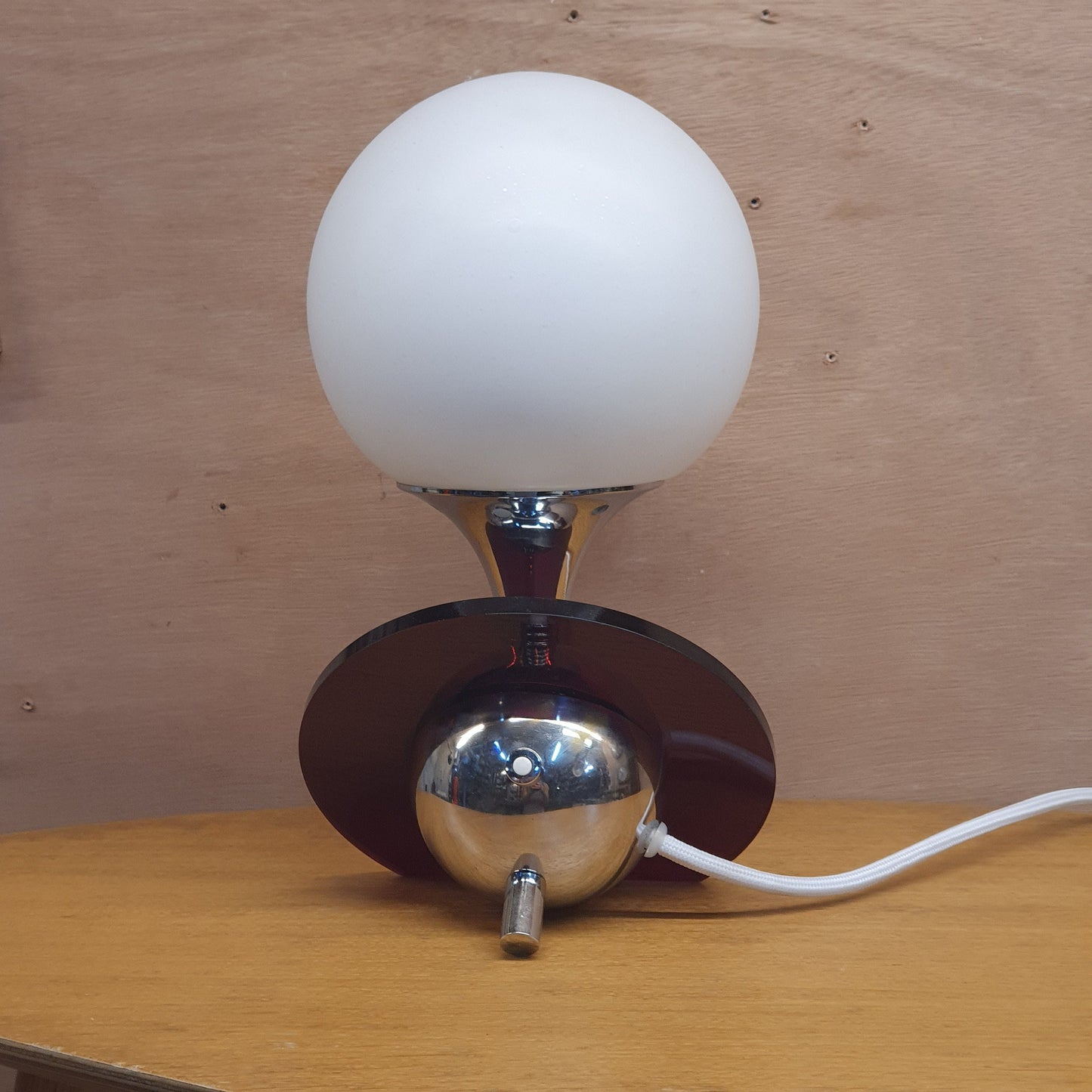 Mid Century Modern Plexiglas Nickel Desk Lamp - White Glass Sphere