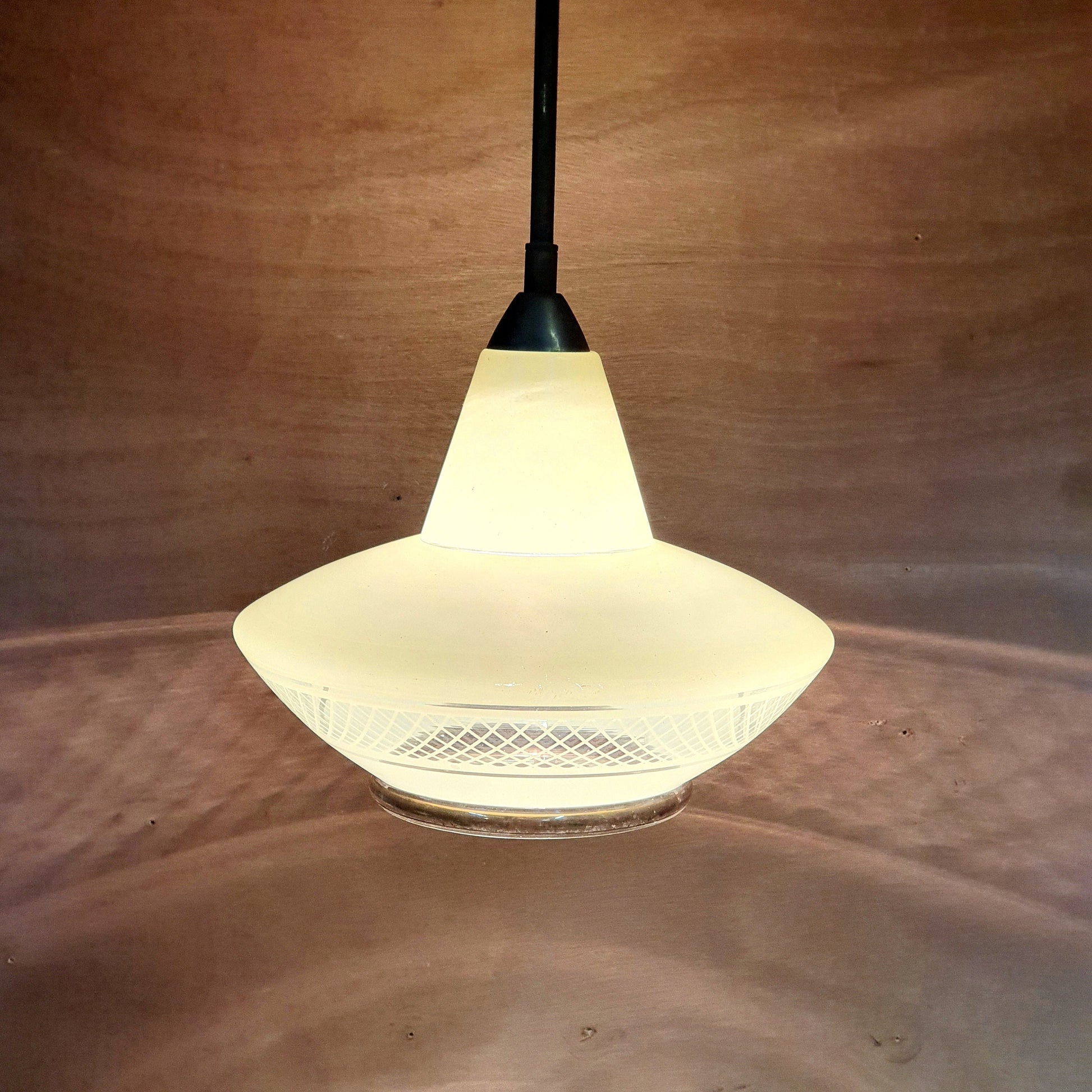 Retro Art Deco Glass Pendant Light by Boom Belgium - Pastel Yellow with Gold Accents