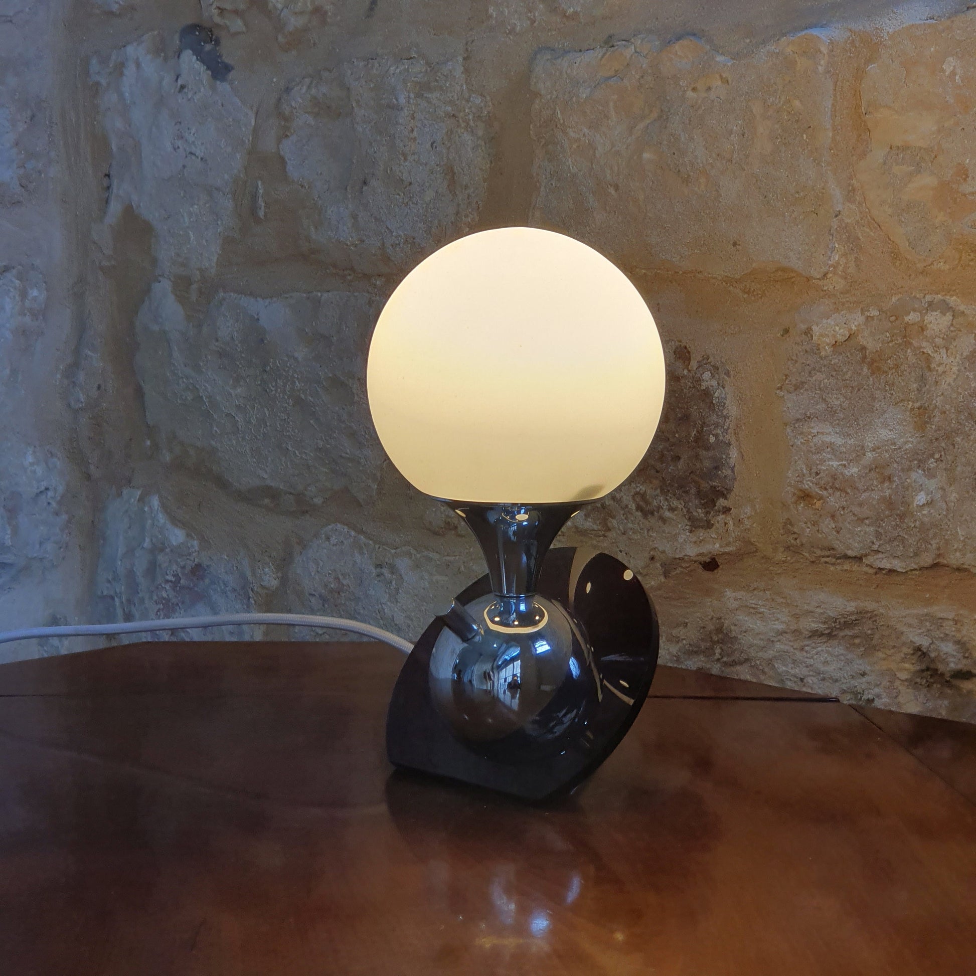 Mid Century Modern Plexiglas Nickel Desk Lamp - White Glass Sphere