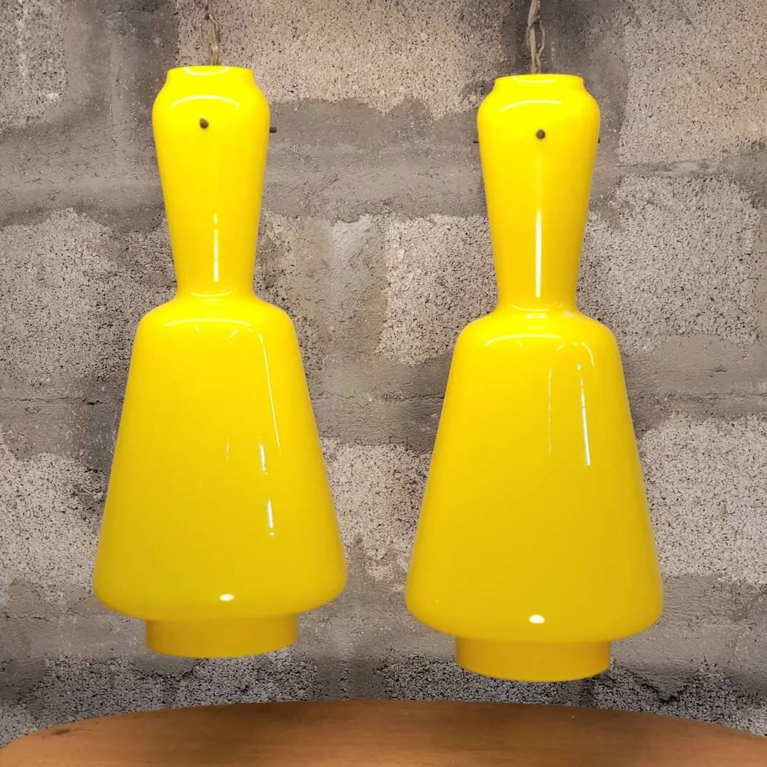 Vintage Murano Italian Ceiling Lamps from the 70's - Mid Century Modern Yellow Glass and Brass