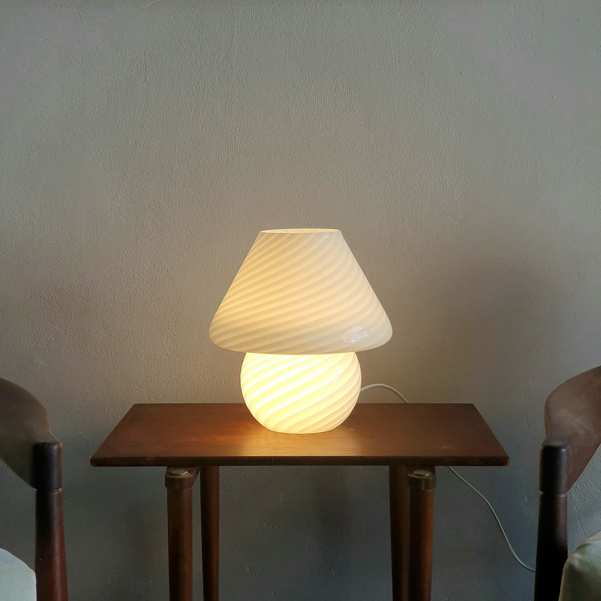 Venini Murano 70's Opaline Glass Bedside Lamp - Blown Glass, Gray Striped, Mushroom Shape, Original Label