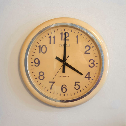 70's Style Castelli Wall Clock - Vintage White Cream Plastic - Quartz Mechanism - Good Condition