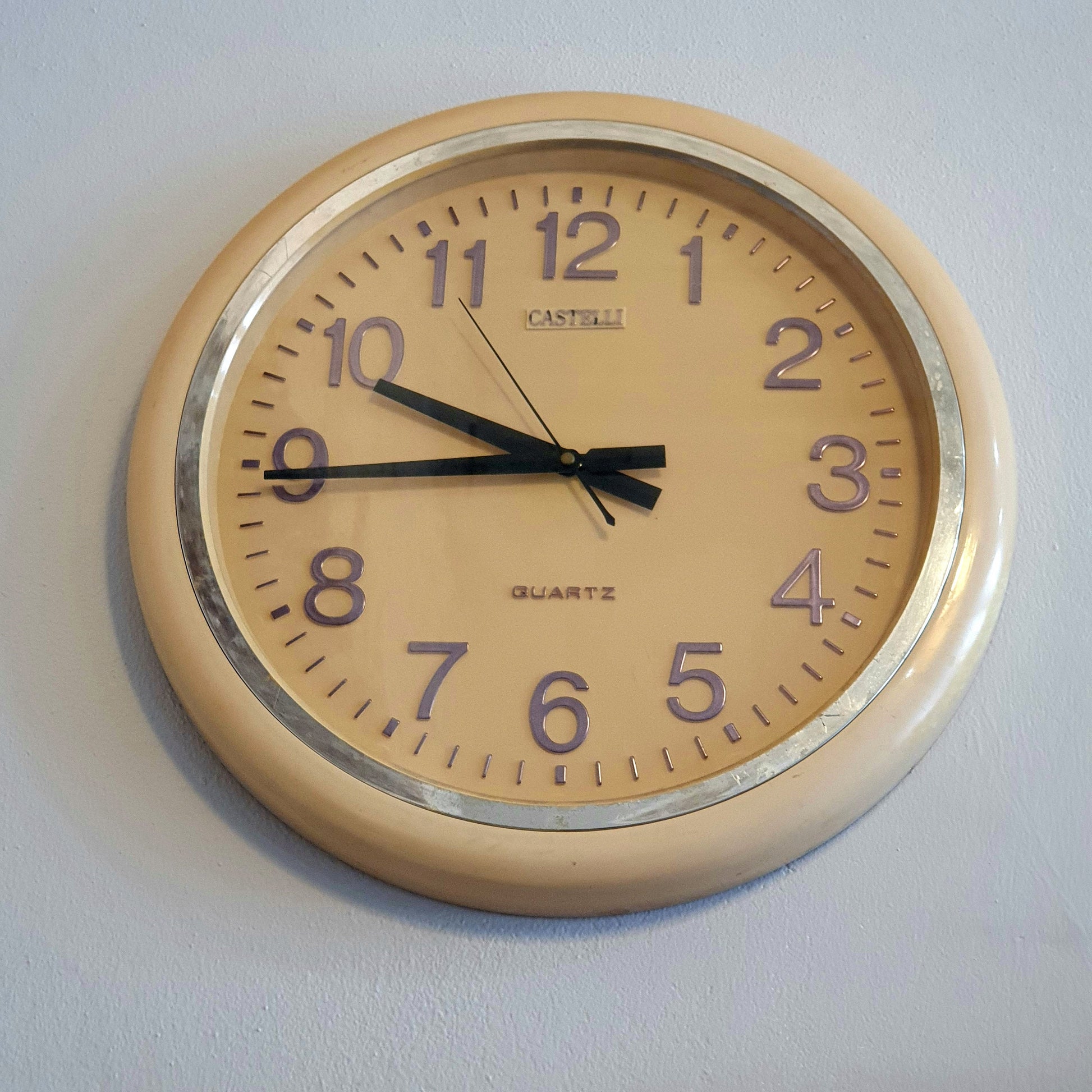 70's Style Castelli Wall Clock - Vintage White Cream Plastic - Quartz Mechanism - Good Condition