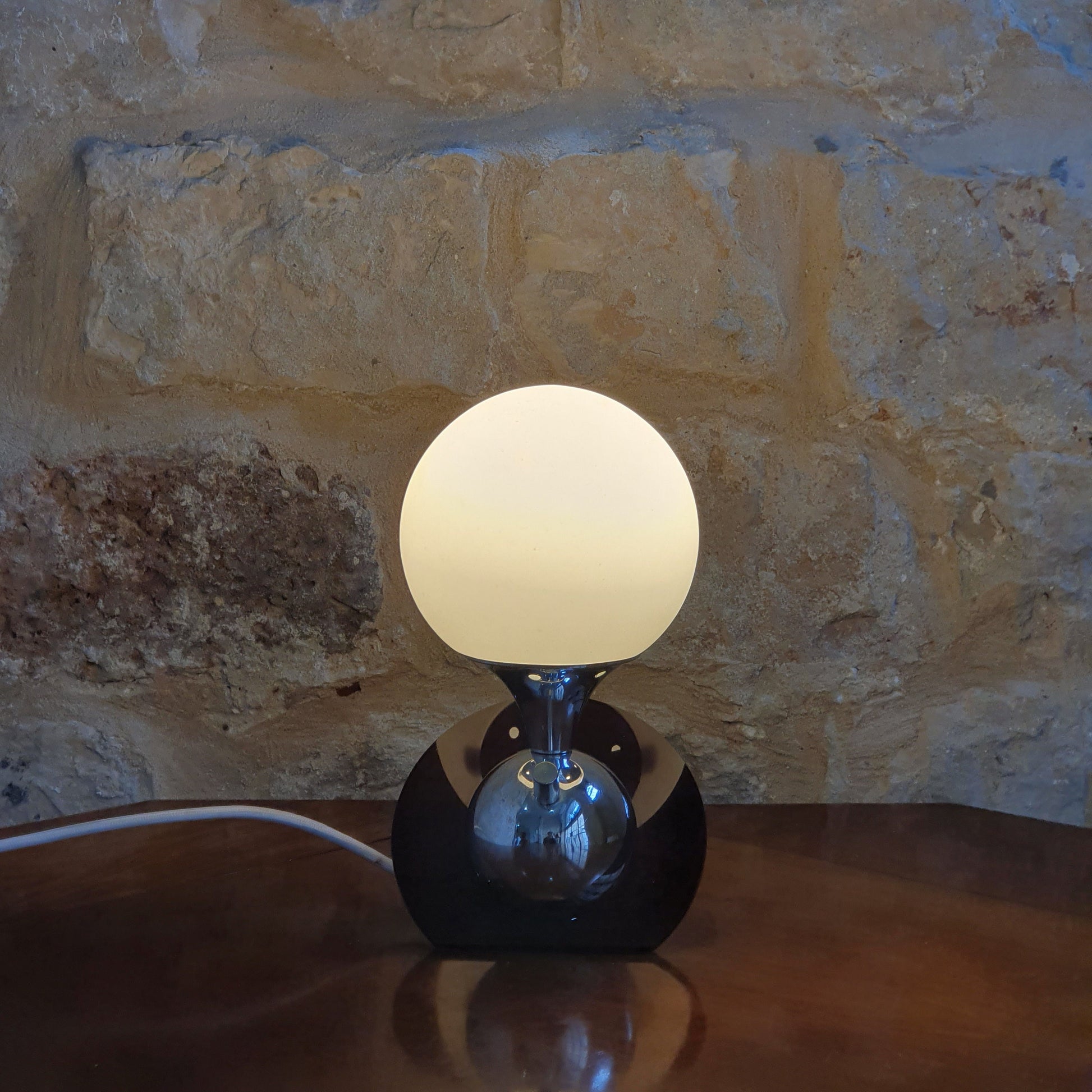 Mid Century Modern Plexiglas Nickel Desk Lamp - White Glass Sphere