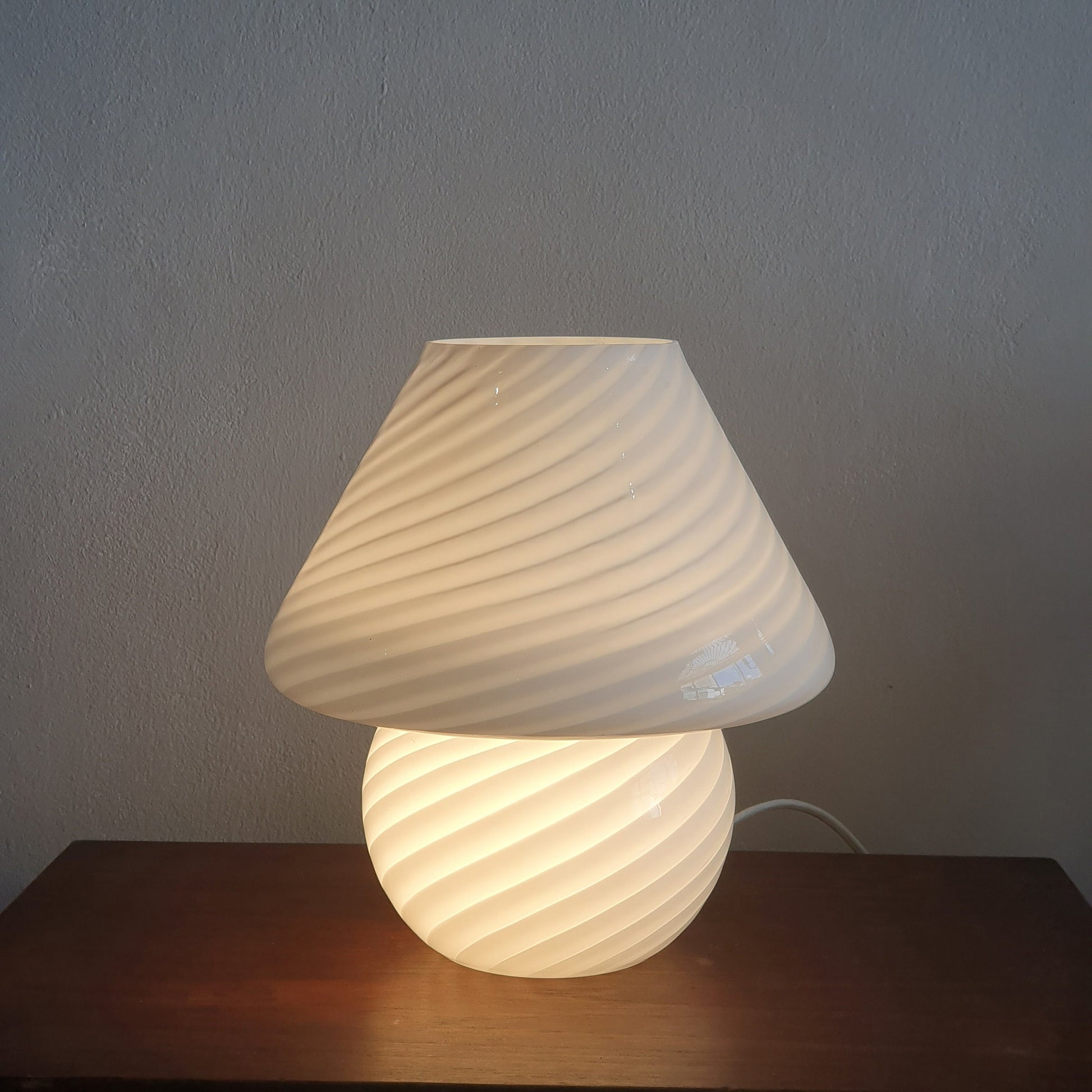 Venini Murano 70's Opaline Glass Bedside Lamp - Blown Glass, Gray Striped, Mushroom Shape, Original Label