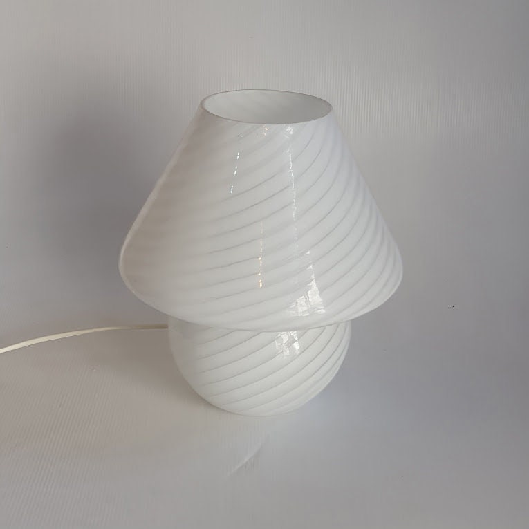 Venini Murano 70's Opaline Glass Bedside Lamp - Blown Glass, Gray Striped, Mushroom Shape, Original Label