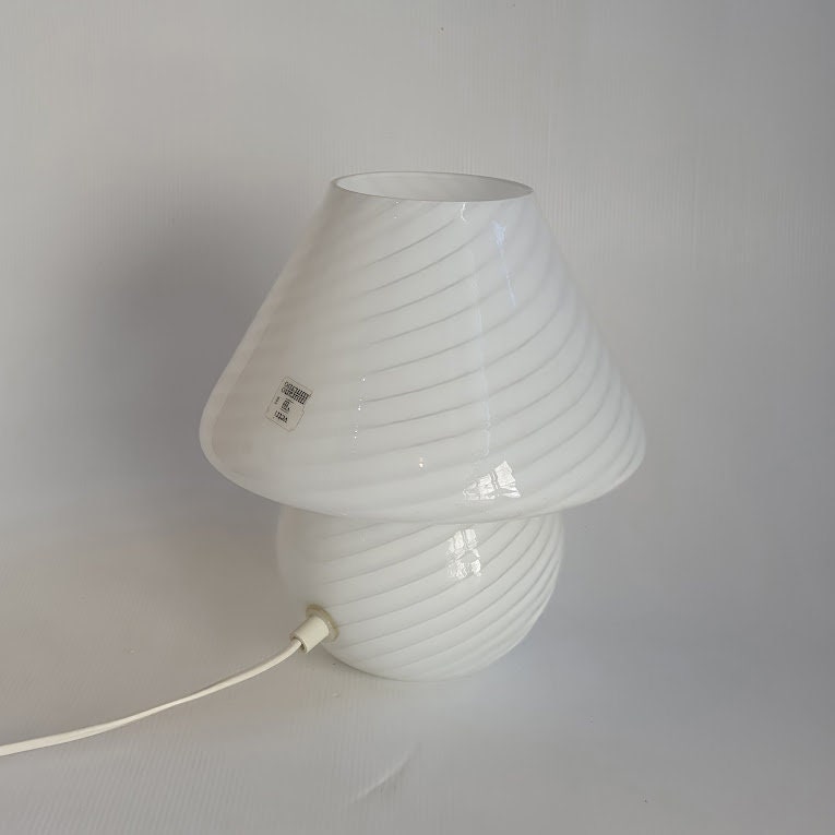 Venini Murano 70's Opaline Glass Bedside Lamp - Blown Glass, Gray Striped, Mushroom Shape, Original Label