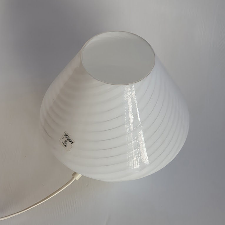 Venini Murano 70's Opaline Glass Bedside Lamp - Blown Glass, Gray Striped, Mushroom Shape, Original Label