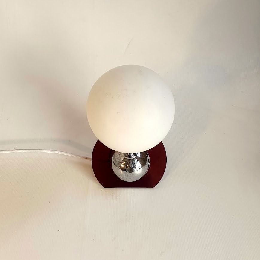 Mid Century Modern Plexiglas Nickel Desk Lamp - White Glass Sphere