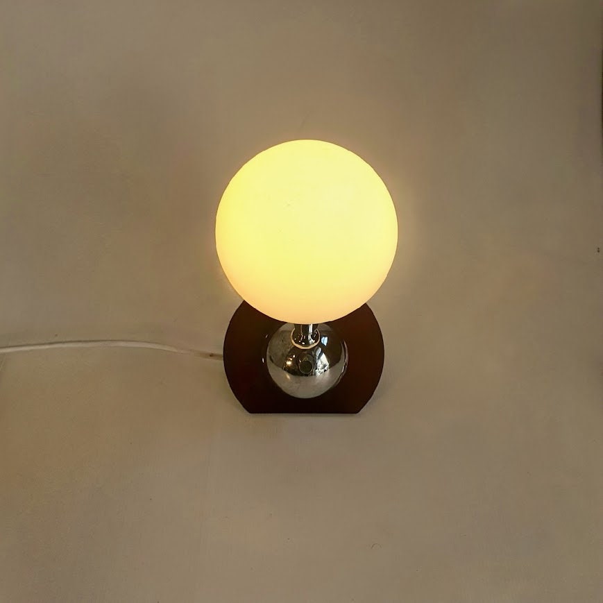 Mid Century Modern Plexiglas Nickel Desk Lamp - White Glass Sphere