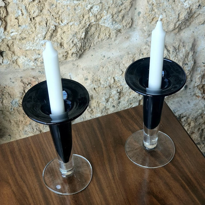 Pair of Vintage Murano Glass Candleholders - Opalescent Glass from 1970s Italy - Home Styling, 20cm x 11cm