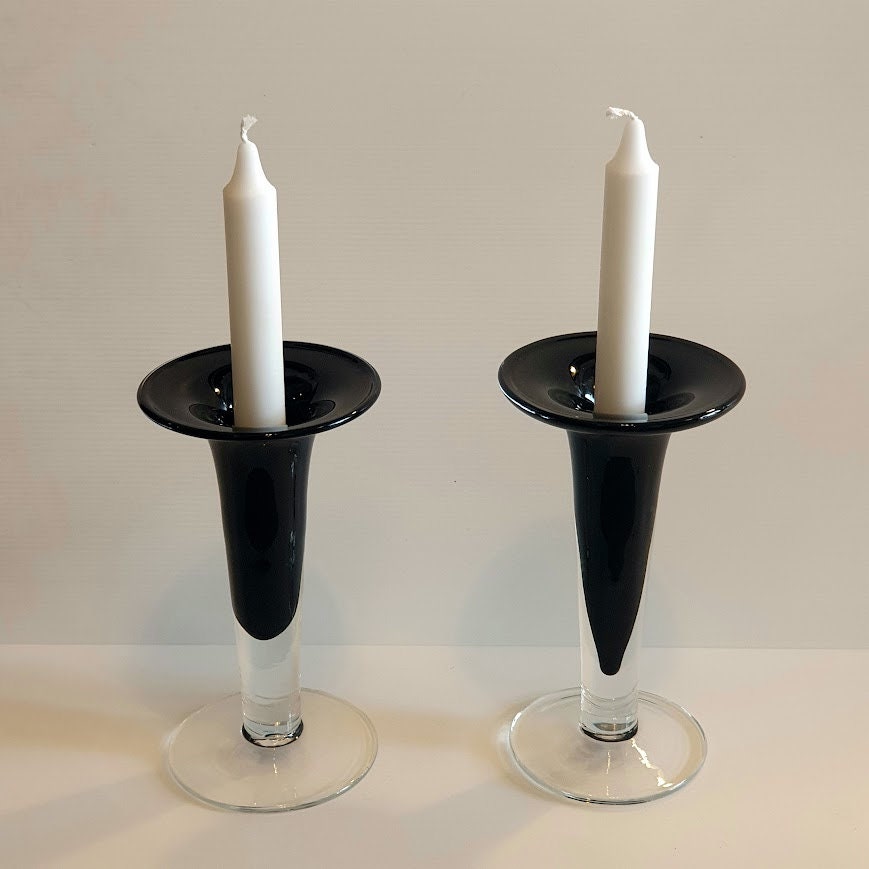 Pair of Vintage Murano Glass Candleholders - Opalescent Glass from 1970s Italy - Home Styling, 20cm x 11cm