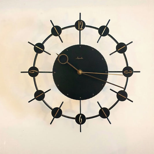 Classic Mauthe Electric Wall Clock in 60s Style - Made in Germany, Black Metal with Brass Accents