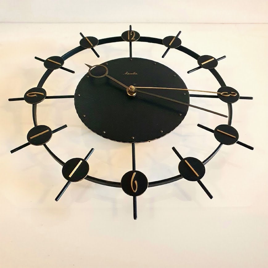 Classic Mauthe Electric Wall Clock in 60s Style - Made in Germany, Black Metal with Brass Accents