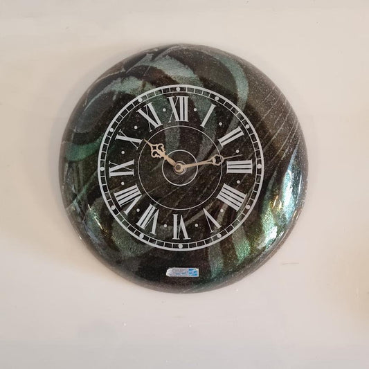 Vintage Wall Clock Design by Israeli Artist Andreas Mayer - Green and Black Fused Glass - Roman Numeral Quartz Clock - 30cm