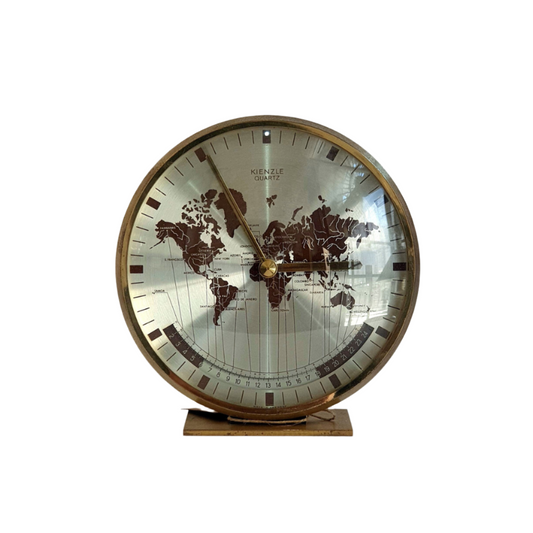 KIENZLE Quartz World Time Clock - Solid Brass Frame with Stainless Steel World Map - Vintage Desk Clock