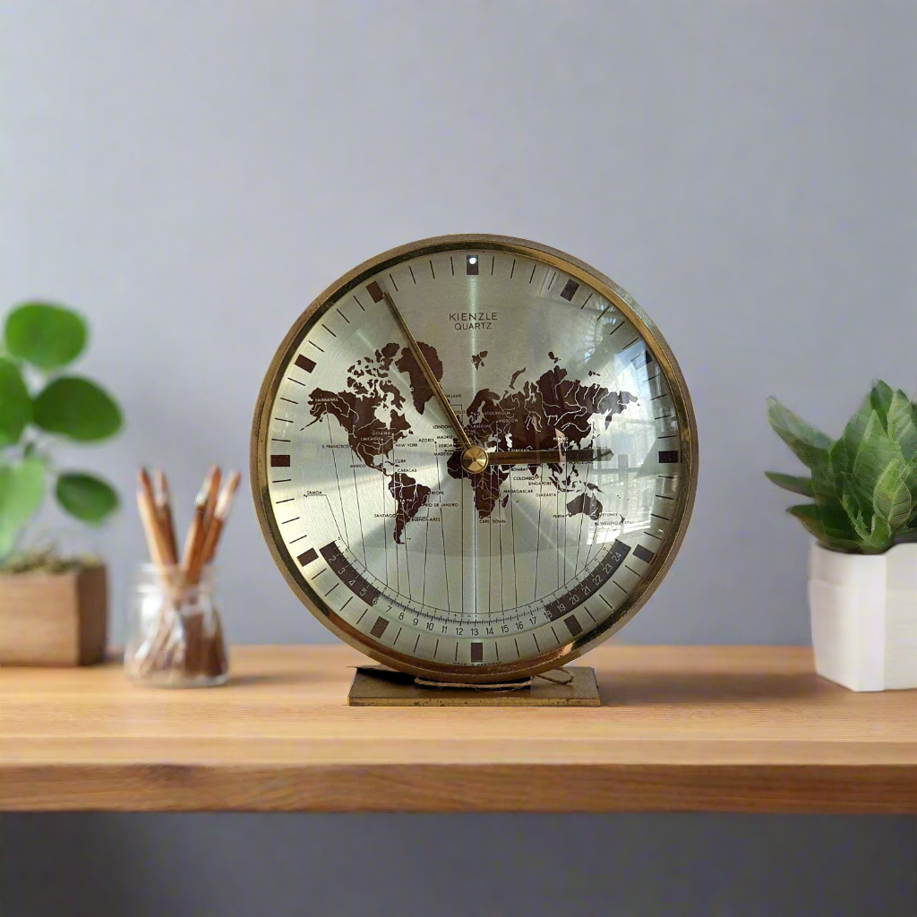 KIENZLE Quartz World Time Clock - Solid Brass Frame with Stainless Steel World Map - Vintage Desk Clock