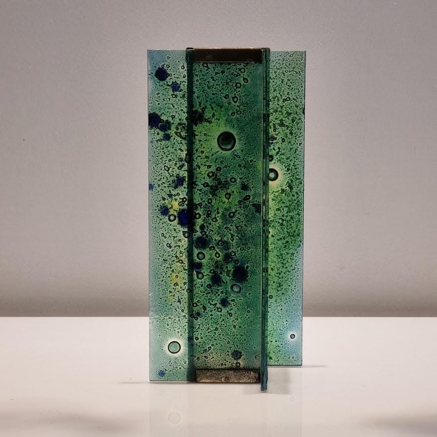 Fused Glass Vase by Andreas Mayer - Brass Fitting - FAT LAVA Style - 25cm - Israeli vintage Craftsmanship
