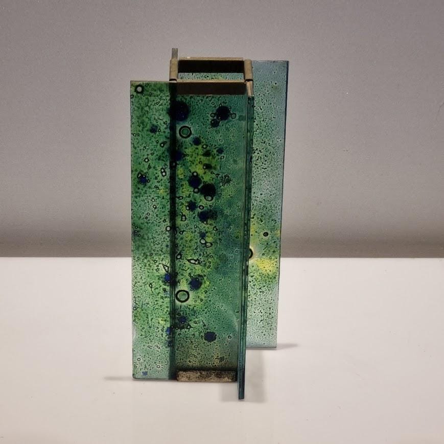Fused Glass Vase by Andreas Mayer - Brass Fitting - FAT LAVA Style - 25cm - Israeli vintage Craftsmanship