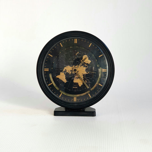Vintage KUNDO table Clock 80&#39;s Quartz, World Map and time. Mid century modern