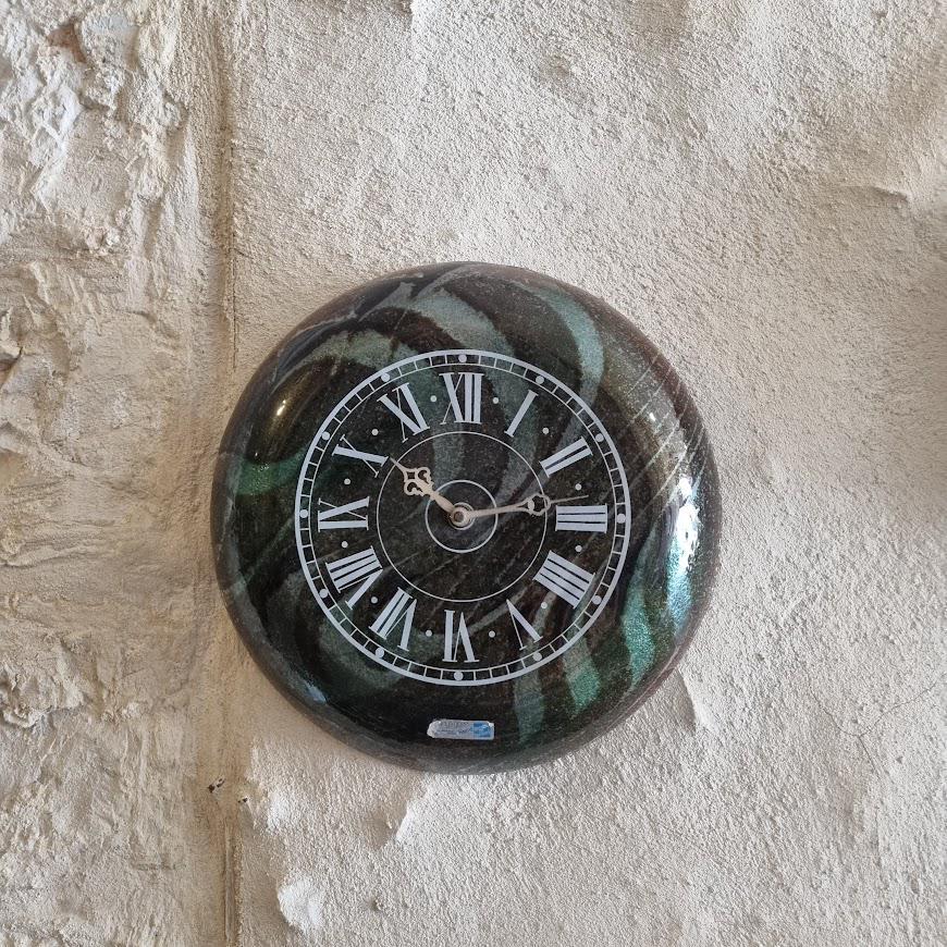 Vintage Wall Clock Design by Israeli Artist Andreas Mayer - Green and Black Fused Glass - Roman Numeral Quartz Clock - 30cm