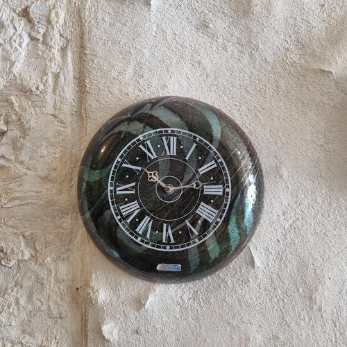 Vintage Wall Clock Design by Israeli Artist Andreas Mayer - Green and Black Fused Glass - Roman Numeral Quartz Clock - 30cm