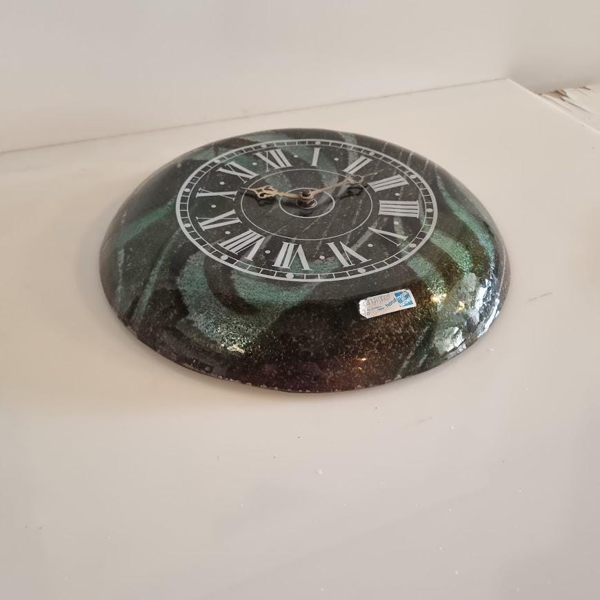 Vintage Wall Clock Design by Israeli Artist Andreas Mayer - Green and Black Fused Glass - Roman Numeral Quartz Clock - 30cm