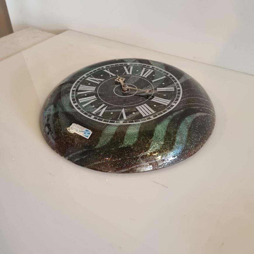 Vintage Wall Clock Design by Israeli Artist Andreas Mayer - Green and Black Fused Glass - Roman Numeral Quartz Clock - 30cm