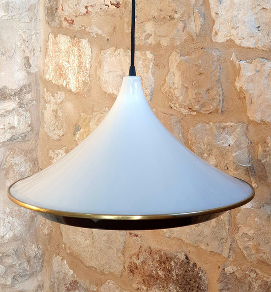 Vintage 70&#39;s Style Space Age Pendant Lamp in White and Black Plexiglas with Gold Ring