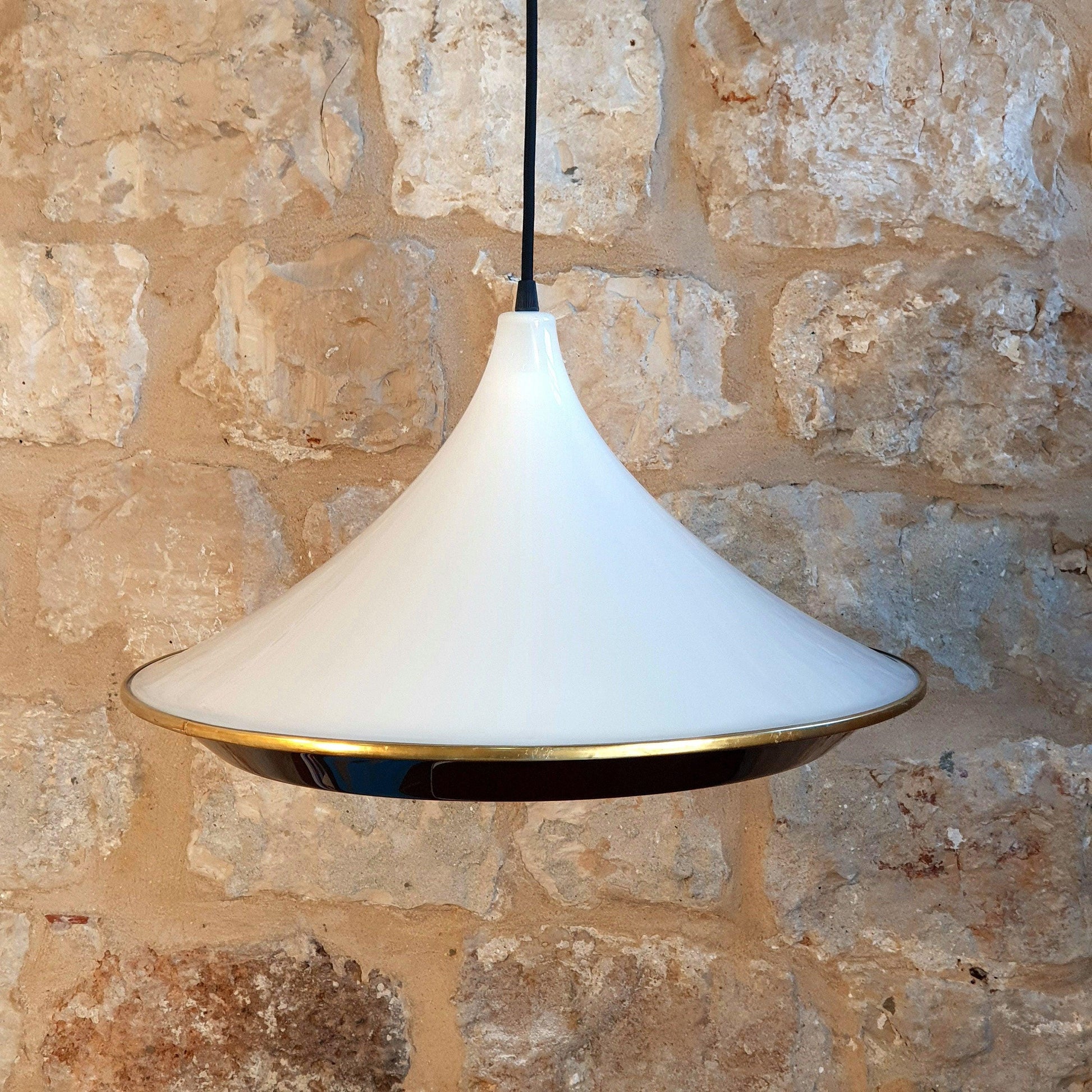 Vintage 70&#39;s Style Space Age Pendant Lamp in White and Black Plexiglas with Gold Ring