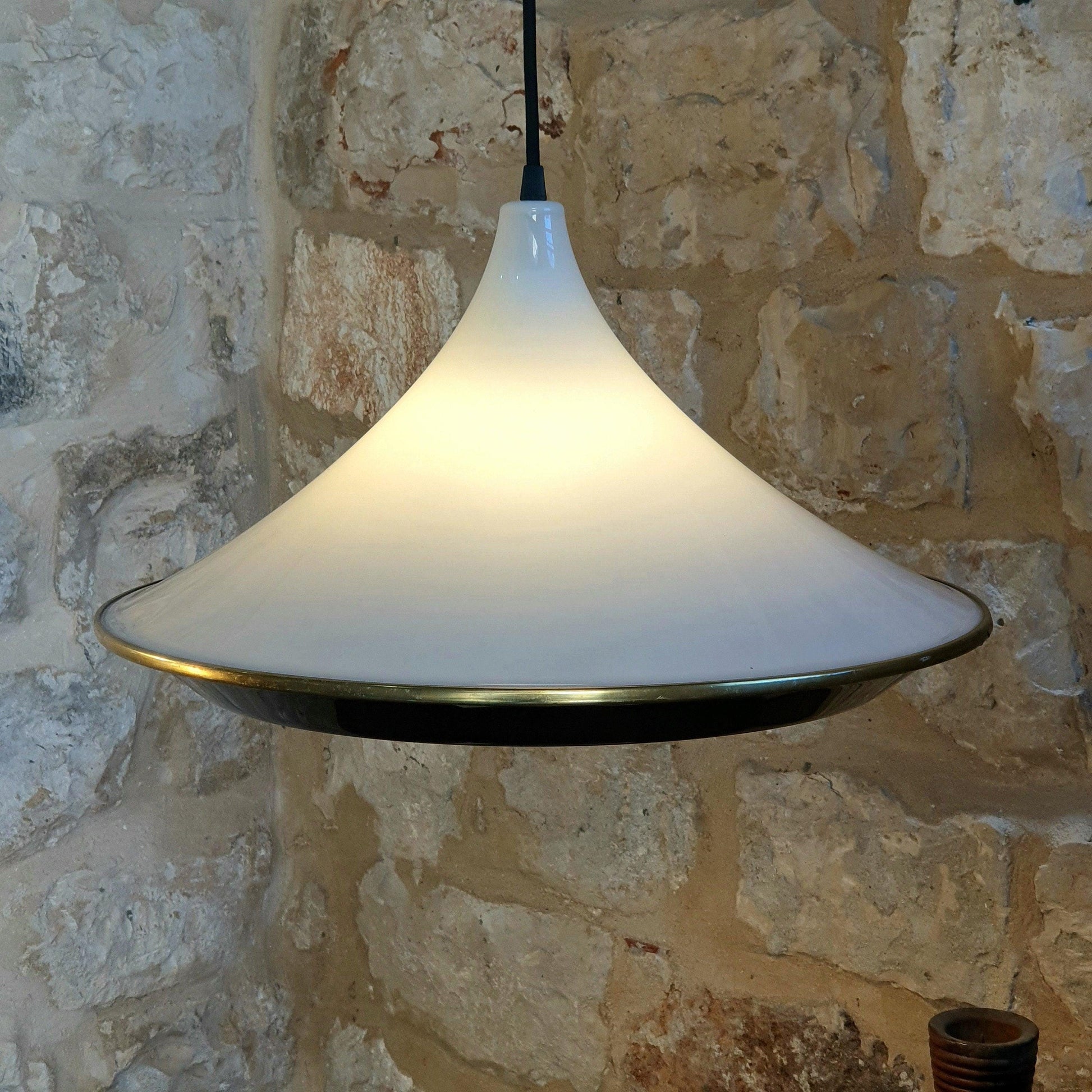 Vintage 70&#39;s Style Space Age Pendant Lamp in White and Black Plexiglas with Gold Ring