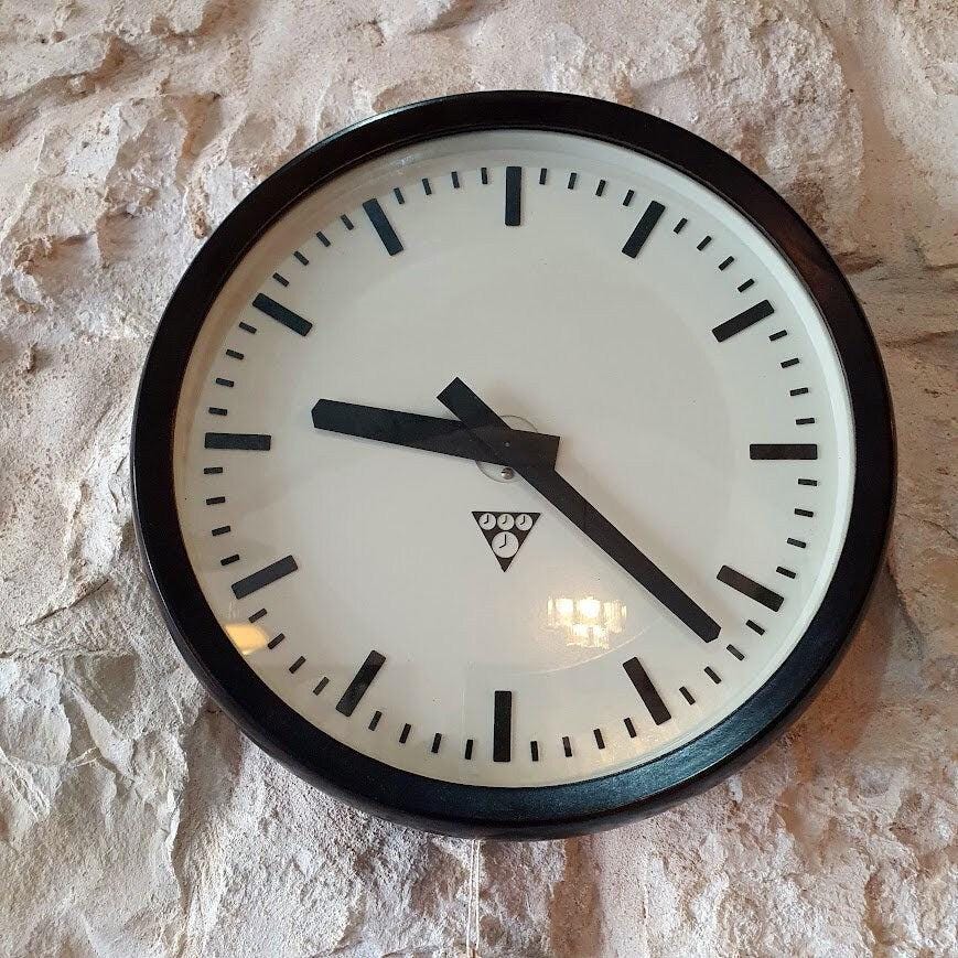 Vintage Mid Century Modern Factory Train Station Wall Clock by Pragotron | 60&#39;s Style | Made in Czechoslovakia | 1986