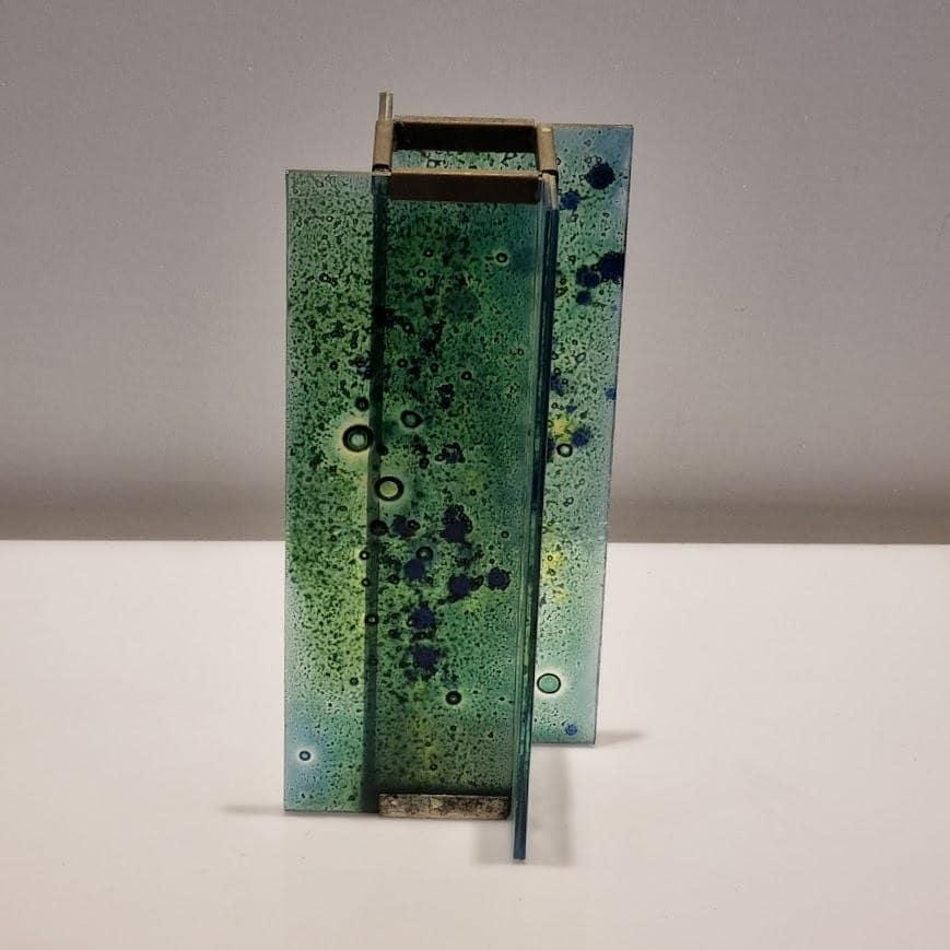 Fused Glass Vase by Andreas Mayer - Brass Fitting - FAT LAVA Style - 25cm - Israeli vintage Craftsmanship