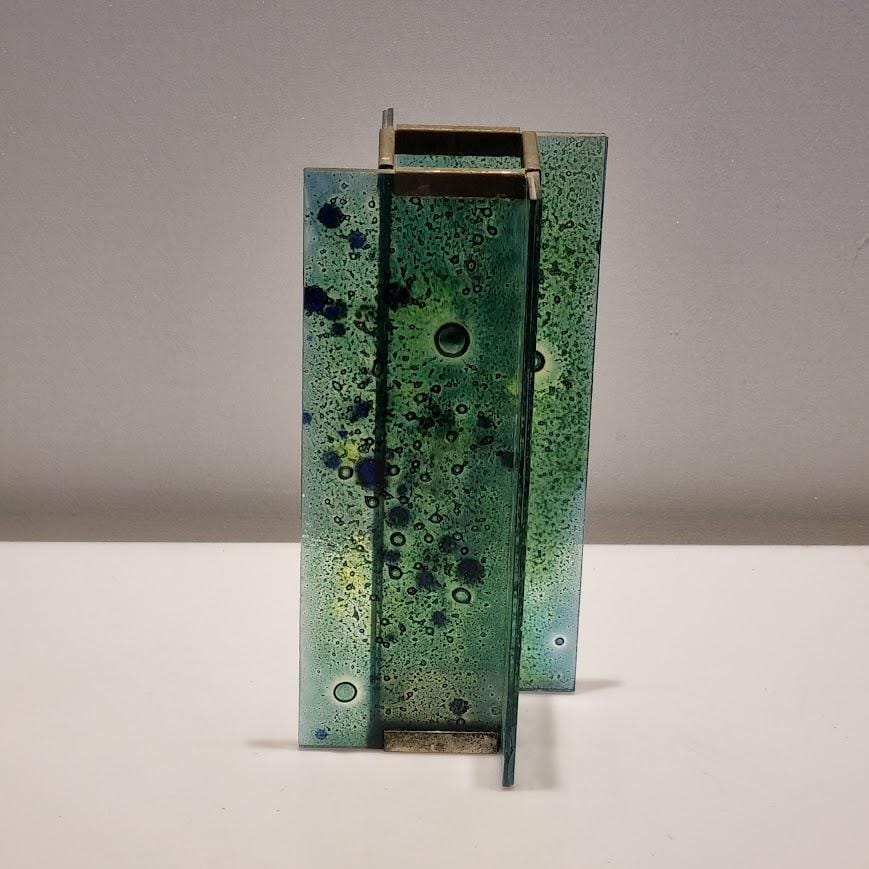 Fused Glass Vase by Andreas Mayer - Brass Fitting - FAT LAVA Style - 25cm - Israeli vintage Craftsmanship