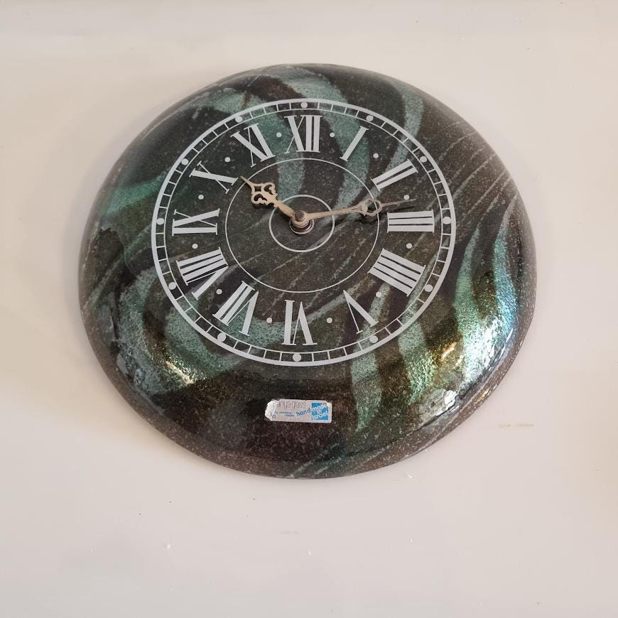 Vintage Wall Clock Design by Israeli Artist Andreas Mayer - Green and Black Fused Glass - Roman Numeral Quartz Clock - 30cm