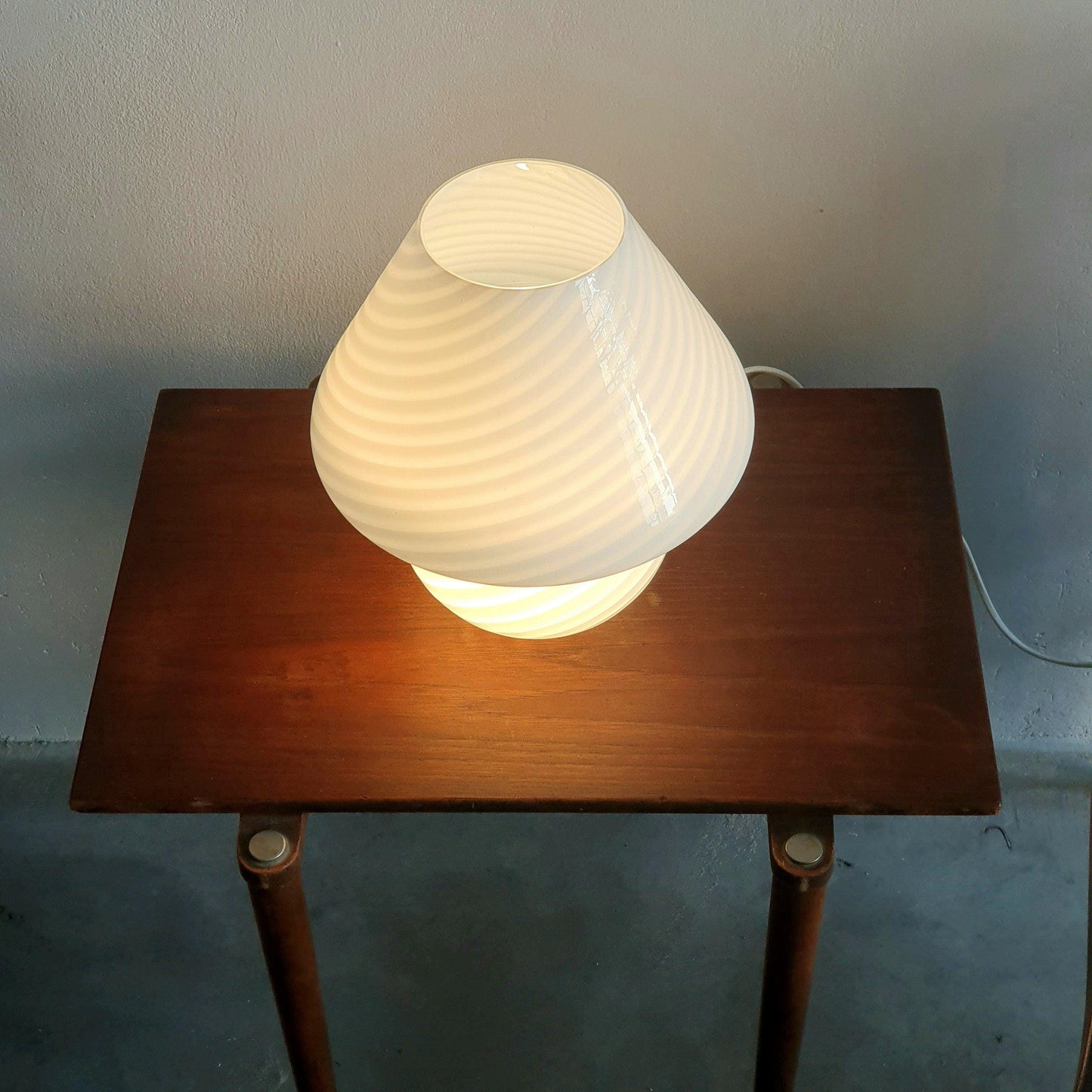 Venini Murano 70&#39;s Opaline Glass Bedside Lamp - Blown Glass, Gray Striped, Mushroom Shape, Original Label