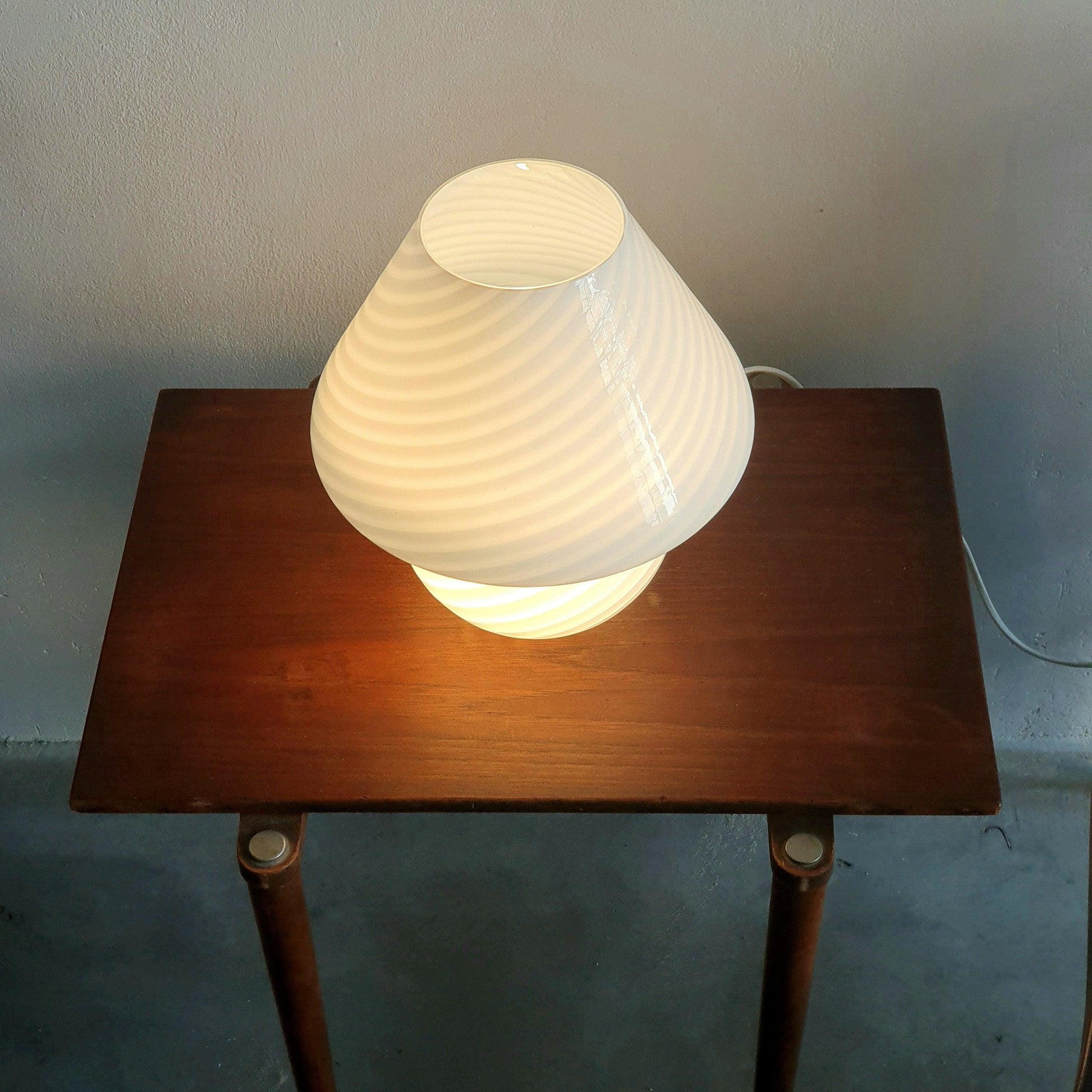 Venini Murano 70&#39;s Opaline Glass Bedside Lamp - Blown Glass, Gray Striped, Mushroom Shape, Original Label