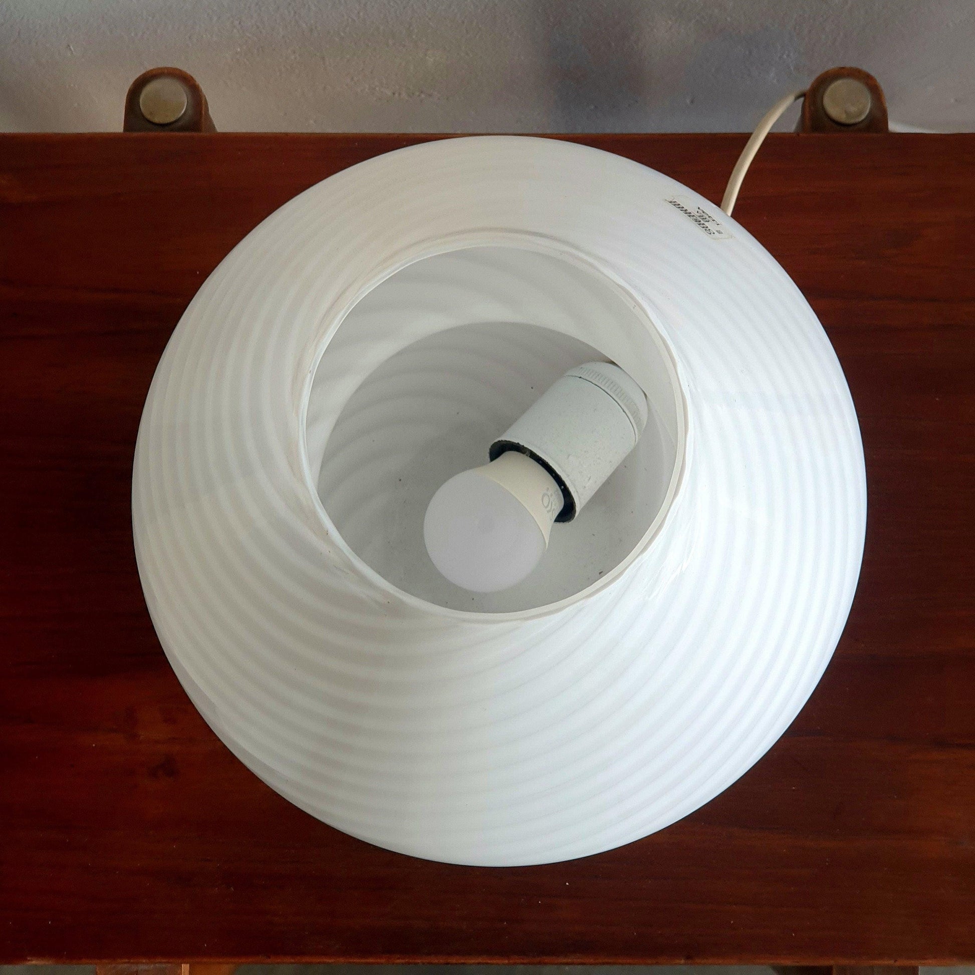 Venini Murano 70&#39;s Opaline Glass Bedside Lamp - Blown Glass, Gray Striped, Mushroom Shape, Original Label
