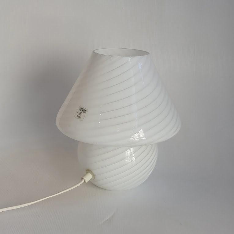 Venini Murano 70&#39;s Opaline Glass Bedside Lamp - Blown Glass, Gray Striped, Mushroom Shape, Original Label