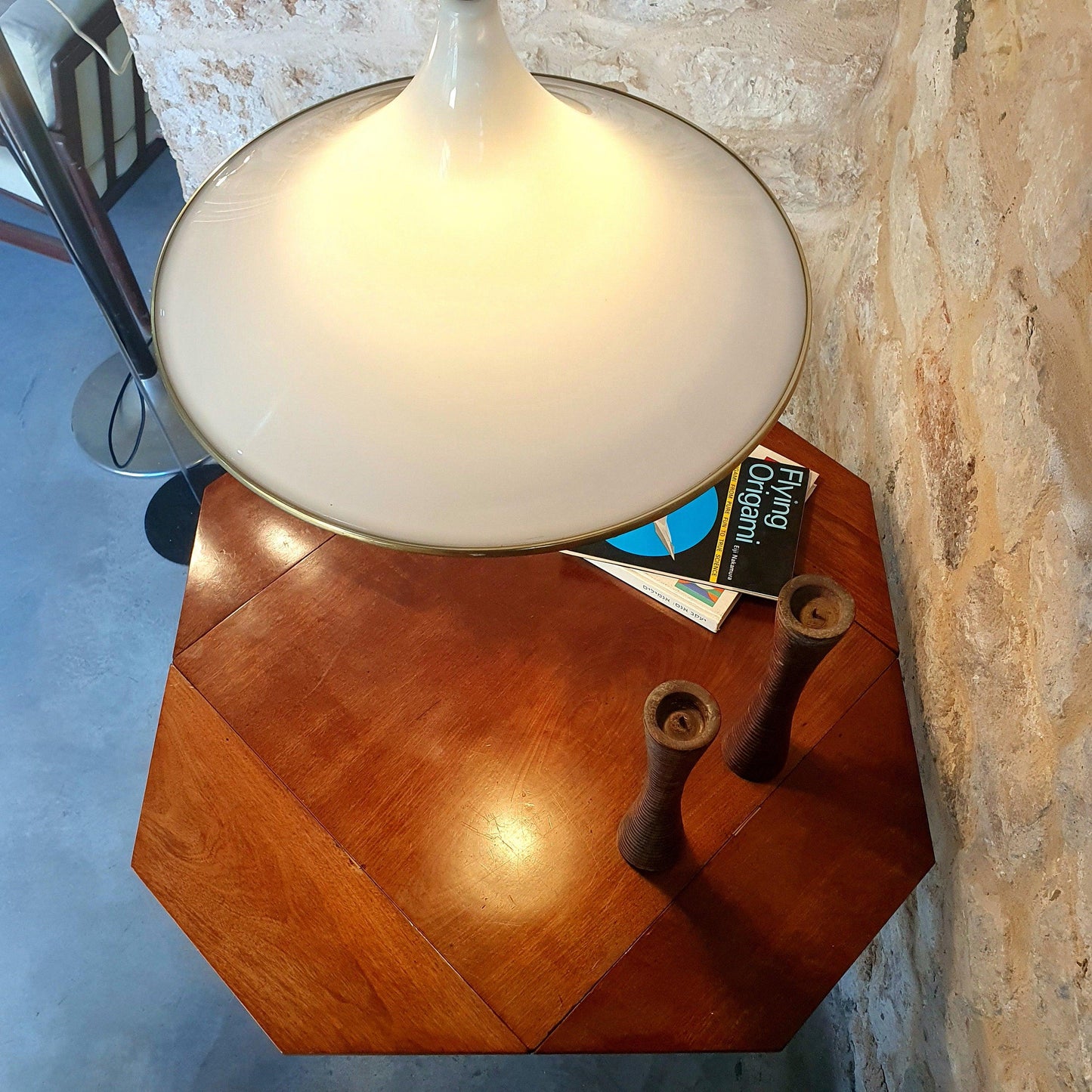 Vintage 70&#39;s Style Space Age Pendant Lamp in White and Black Plexiglas with Gold Ring