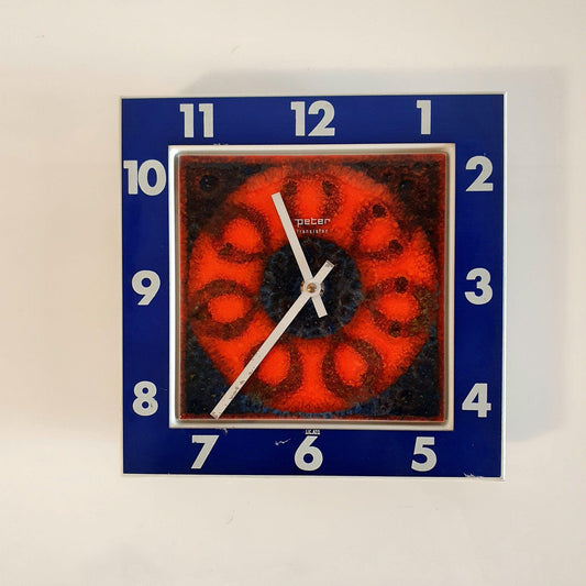 Rare &#39;Fat Lava&#39; Ceramic Wall Clock from 70&#39;s by Peter West Germany - Blue Metal Frame, Unique Design