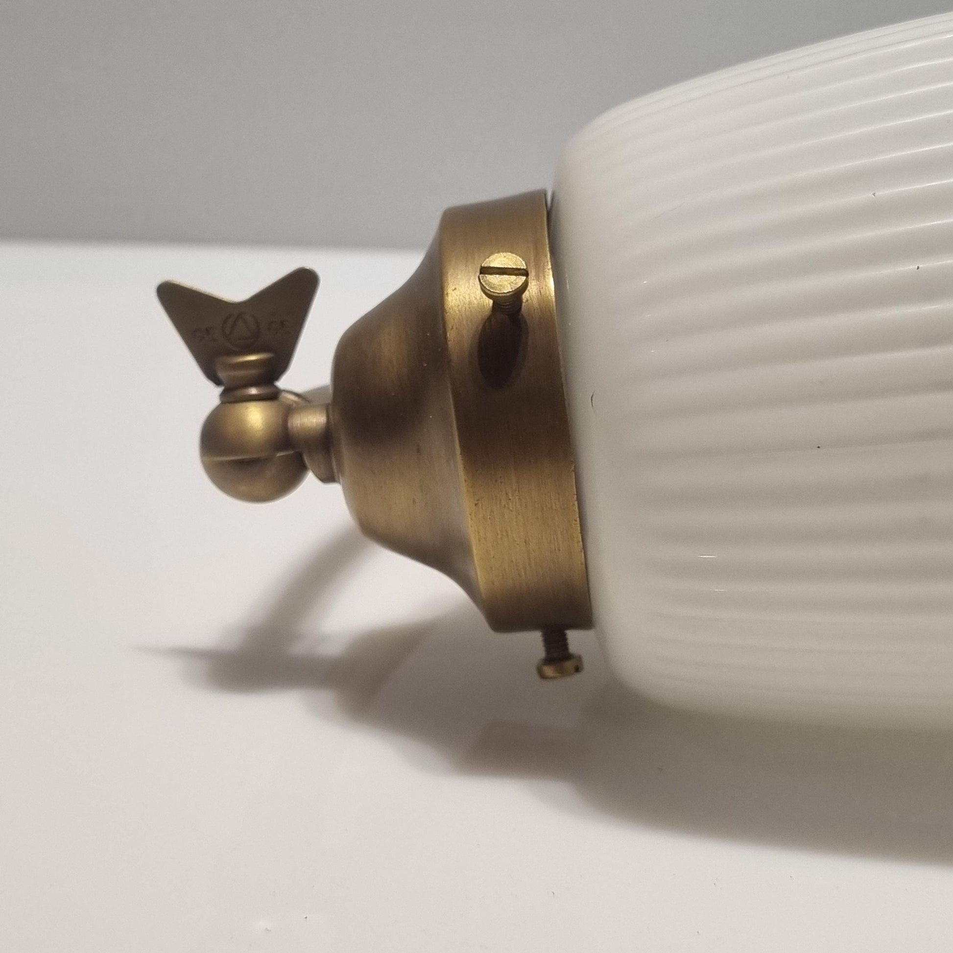 Vintage Brass Wall Lamp with White ripple Glass shade. Fully restored. Adjustable Lampshade