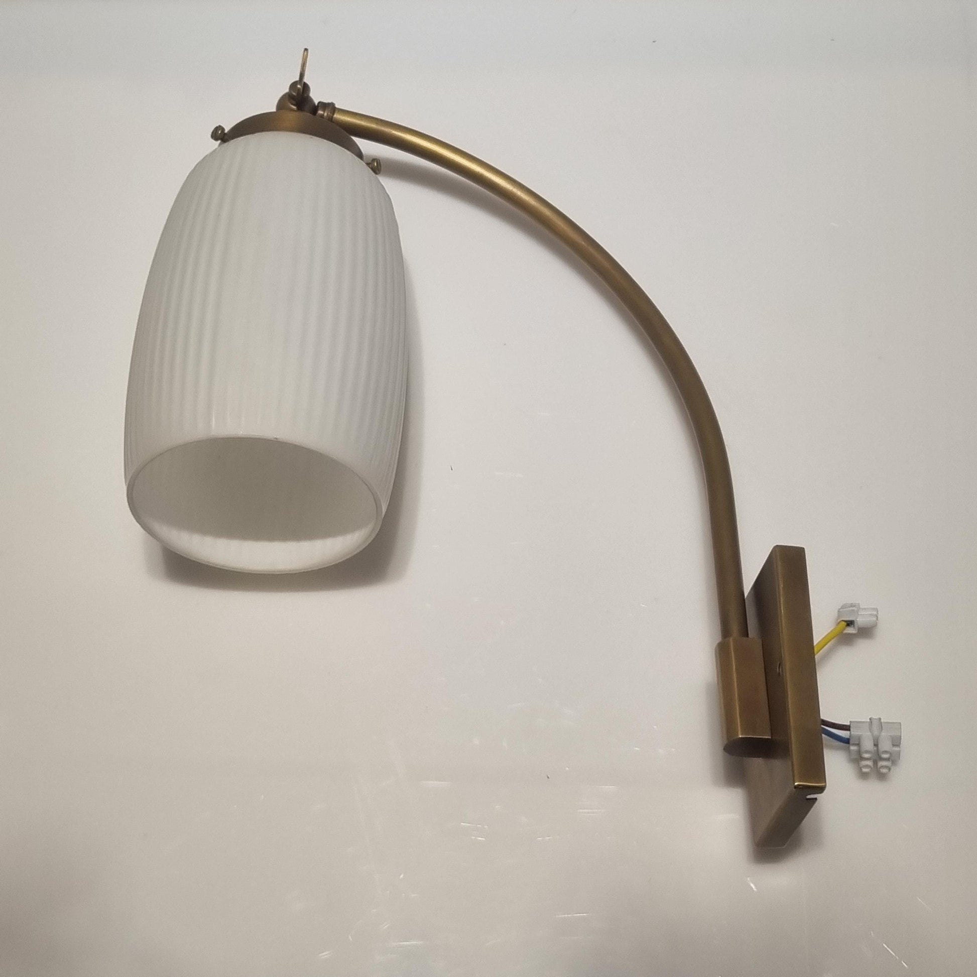 Vintage Brass Wall Lamp with White ripple Glass shade. Fully restored. Adjustable Lampshade