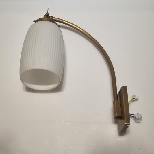 Vintage Brass Wall Lamp with White ripple Glass shade. Fully restored. Adjustable Lampshade