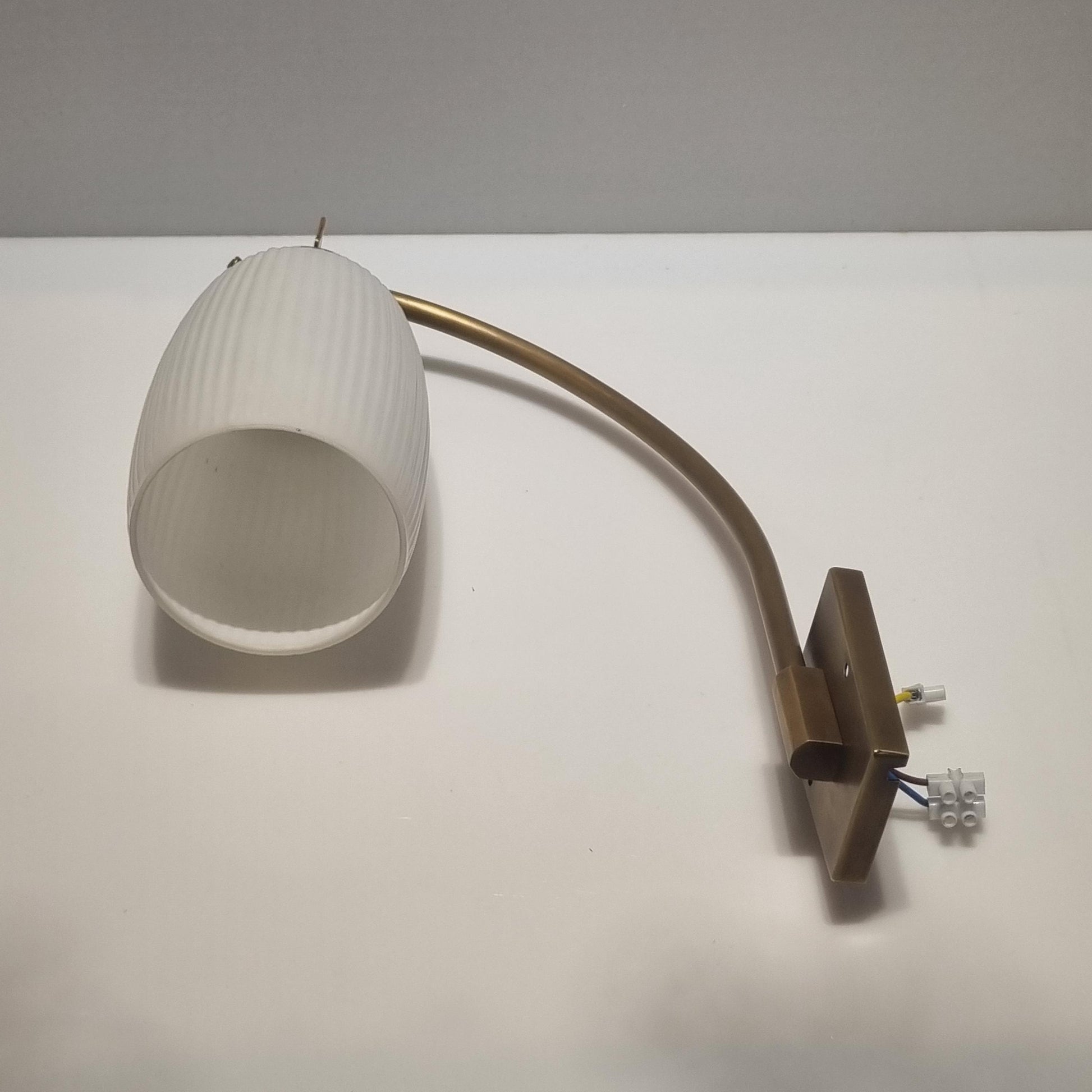 Vintage Brass Wall Lamp with White ripple Glass shade. Fully restored. Adjustable Lampshade